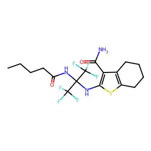 2-[[1,1,1,3,3,3-hexafluoro-2-(pentanoylamino)propan-2-yl]amino]-4,5,6,7-tetrahydro-1-benzothiophene-3-carboxamide structure