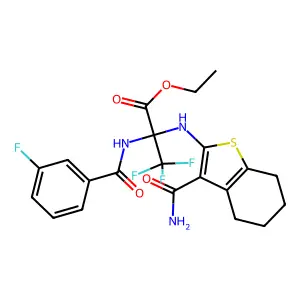 ethyl 2-{[3-(aminocarbonyl)-4,5,6,7-tetrahydro-1-benzothien-2-yl]amino}-3,3,3-trifluoro-2-[(3-fluorobenzoyl)amino]propanoate structure