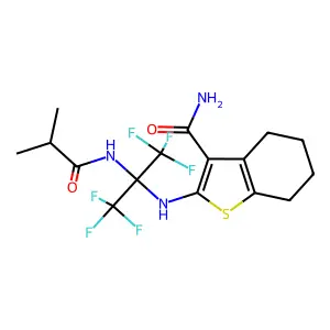 2-[[1,1,1,3,3,3-hexafluoro-2-(2-methylpropanoylamino)propan-2-yl]amino]-4,5,6,7-tetrahydro-1-benzothiophene-3-carboxamide structure