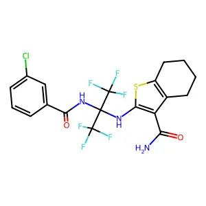 2-[[2-[(3-chlorobenzoyl)amino]-1,1,1,3,3,3-hexafluoropropan-2-yl]amino]-4,5,6,7-tetrahydro-1-benzothiophene-3-carboxamide structure