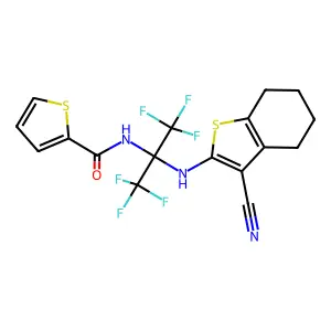 N-[2-[(3-cyano-4,5,6,7-tetrahydro-1-benzothiophen-2-yl)amino]-1,1,1,3,3,3-hexafluoropropan-2-yl]thiophene-2-carboxamide structure