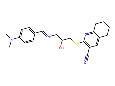 2-[(3-{[4-(dimethylamino)benzylidene]amino}-2-hydroxypropyl)sulfanyl]-5,6,7,8-tetrahydro-3-quinolinecarbonitrile structure