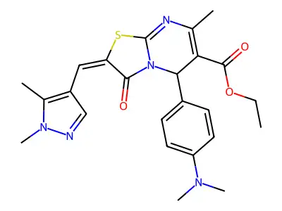 (E)-ethyl 2-((1,5-dimethyl-1H-pyrazol-4-yl)methylene)-5-(4-(dimethylamino)phenyl)-7-methyl-3-oxo-3,5-dihydro-2H-thiazolo[3,2-a]pyrimidine-6-carboxylate structure