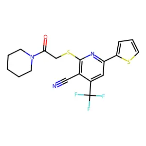 2-((2-Oxo-2-(1-piperidinyl)ET)thio)-6-(2-thienyl)-4-(tri-F-ME)nicotinonitrile structure