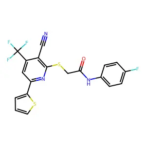 2-{[3-cyano-6-(2-thienyl)-4-(trifluoromethyl)-2-pyridinyl]sulfanyl}-N-(4-fluorophenyl)acetamide structure