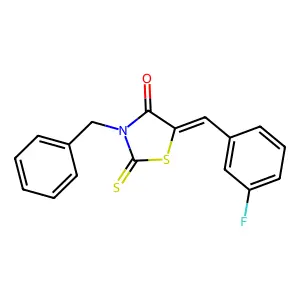 (5Z)-3-benzyl-5-(3-fluorobenzylidene)-2-thioxo-1,3-thiazolidin-4-one structure