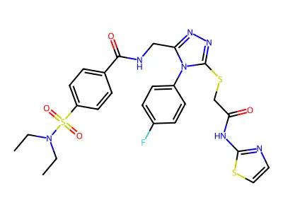 4-(diethylsulfamoyl)-N-{[4-(4-fluorophenyl)-5-({[(1,3-thiazol-2-yl)carbamoyl]methyl}sulfanyl)-4H-1,2,4-triazol-3-yl]methyl}benzamide structure
