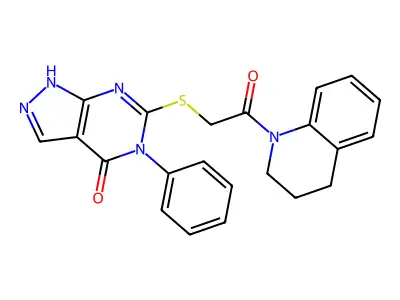 6-{[2-(3,4-dihydroquinolin-1(2H)-yl)-2-oxoethyl]thio}-5-phenyl-1,5-dihydro-4H-pyrazolo[3,4-d]pyrimidin-4-one structure