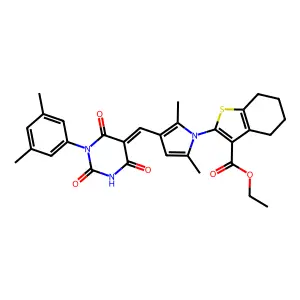 (E)-ethyl 2-(3-((1-(3,5-dimethylphenyl)-2,4,6-trioxotetrahydropyrimidin-5(2H)-ylidene)methyl)-2,5-dimethyl-1H-pyrrol-1-yl)-4,5,6,7-tetrahydrobenzo[b]thiophene-3-carboxylate structure