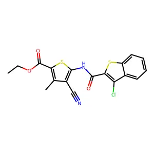 ethyl 5-{[(3-chloro-1-benzothiophen-2-yl)carbonyl]amino}-4-cyano-3-methylthiophene-2-carboxylate structure