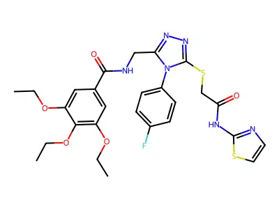 3,4,5-triethoxy-N-{[4-(4-fluorophenyl)-5-({[(1,3-thiazol-2-yl)carbamoyl]methyl}sulfanyl)-4H-1,2,4-triazol-3-yl]methyl}benzamide structure