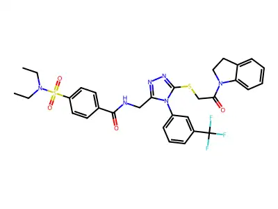 4-(N,N-diethylsulfamoyl)-N-((5-((2-(indolin-1-yl)-2-oxoethyl)thio)-4-(3-(trifluoromethyl)phenyl)-4H-1,2,4-triazol-3-yl)methyl)benzamide structure