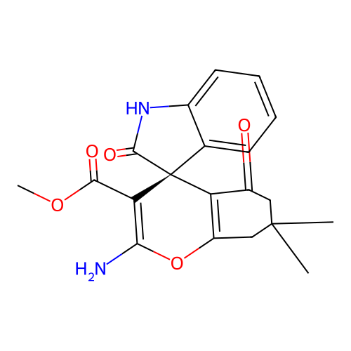 (R)-methyl 2-amino-7,7-dimethyl-2',5-dioxo-5,6,7,8-tetrahydrospiro[chromene-4,3'-indoline]-3-carboxylate structure