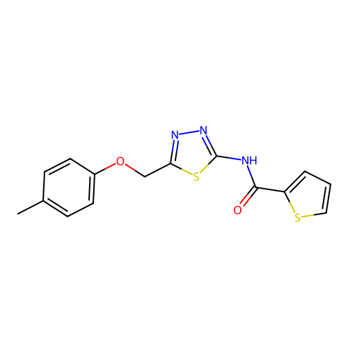 N-{5-[(4-methylphenoxy)methyl]-1,3,4-thiadiazol-2-yl}-2-thiophenecarboxamide structure
