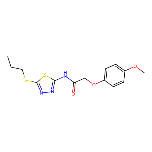 2-(4-methoxyphenoxy)-N-[5-(propylsulfanyl)-1,3,4-thiadiazol-2-yl]acetamide structure