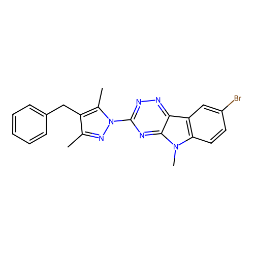 3-(4-benzyl-3,5-dimethyl-1H-pyrazol-1-yl)-8-bromo-5-methyl-5H-[1,2,4]triazino[5,6-b]indole structure