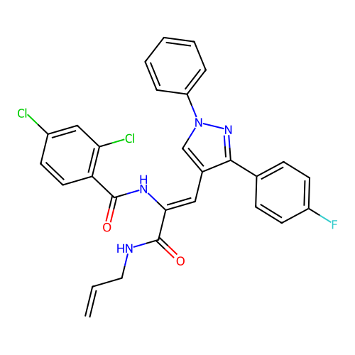 (Z)-N-(3-(allylamino)-1-(3-(4-fluorophenyl)-1-phenyl-1H-pyrazol-4-yl)-3-oxoprop-1-en-2-yl)-2,4-dichlorobenzamide structure