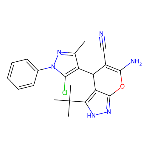 6-amino-3-tert-butyl-4-(5-chloro-3-methyl-1-phenyl-1H-pyrazol-4-yl)-1,4-dihydropyrano[2,3-c]pyrazole-5-carbonitrile structure