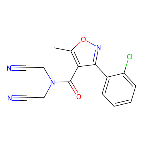 3-(2-chlorophenyl)-N,N-bis(cyanomethyl)-5-methyl-1,2-oxazole-4-carboxamide structure