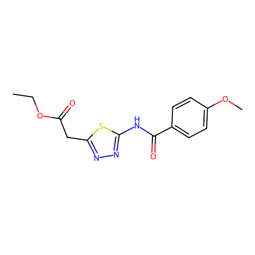 Ethyl (5-{[(4-methoxyphenyl)carbonyl]amino}-1,3,4-thiadiazol-2-yl)acetate structure