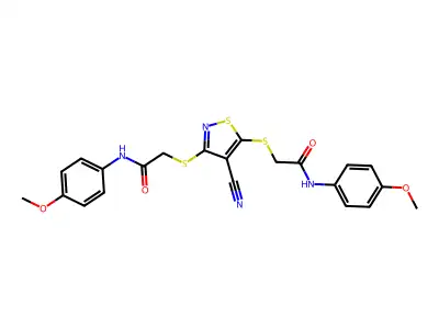 2-[(4-cyano-3-{[2-(4-methoxyanilino)-2-oxoethyl]sulfanyl}-5-isothiazolyl)sulfanyl]-N-(4-methoxyphenyl)acetamide structure