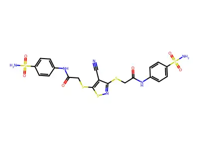 2-{[3-({2-[4-(AMINOSULFONYL)ANILINO]-2-OXOETHYL}SULFANYL)-4-CYANO-5-ISOTHIAZOLYL]SULFANYL}-N-[4-(AMINOSULFONYL)PHENYL]ACETAMIDE structure