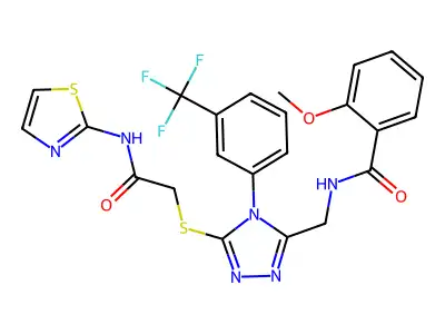 2-methoxy-N-{[5-({[(1,3-thiazol-2-yl)carbamoyl]methyl}sulfanyl)-4-[3-(trifluoromethyl)phenyl]-4H-1,2,4-triazol-3-yl]methyl}benzamide structure
