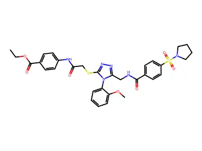 ethyl 4-(2-{[4-(2-methoxyphenyl)-5-({[4-(pyrrolidine-1-sulfonyl)phenyl]formamido}methyl)-4H-1,2,4-triazol-3-yl]sulfanyl}acetamido)benzoate structure
