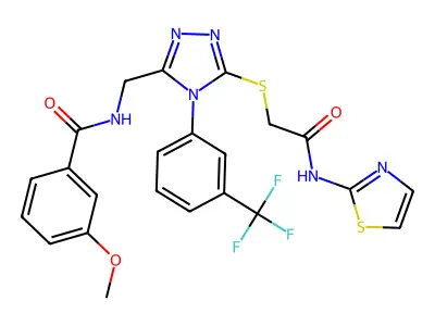 3-methoxy-N-{[5-({[(1,3-thiazol-2-yl)carbamoyl]methyl}sulfanyl)-4-[3-(trifluoromethyl)phenyl]-4H-1,2,4-triazol-3-yl]methyl}benzamide structure