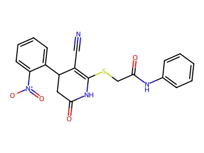 2-((3-cyano-4-(2-nitrophenyl)-6-oxo-1,4,5,6-tetrahydropyridin-2-yl)thio)-N-phenylacetamide structure