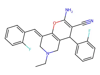 2-amino-6-ethyl-8-(2-fluorobenzylidene)-4-(2-fluorophenyl)-5,6,7,8-tetrahydro-4H-pyrano[3,2-c]pyridine-3-carbonitrile structure