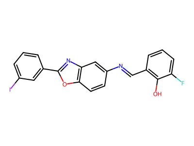 2-fluoro-6-[(E)-{[2-(3-iodophenyl)-1,3-benzoxazol-5-yl]imino}methyl]phenol structure