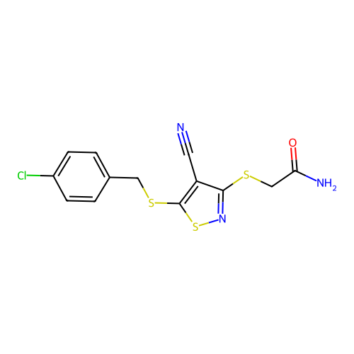 2-((5-((4-Chlorobenzyl)thio)-4-cyanoisothiazol-3-yl)thio)acetamide structure