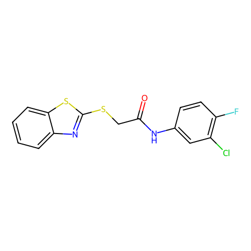 2-(1,3-benzothiazol-2-ylsulfanyl)-N-(3-chloro-4-fluorophenyl)acetamide structure