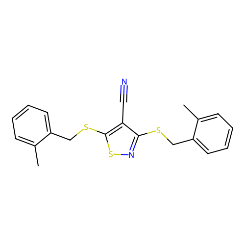 3,5-Bis((2-methylbenzyl)thio)isothiazole-4-carbonitrile structure