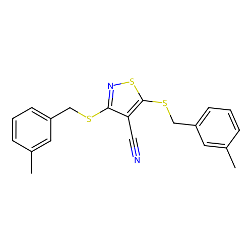 3,5-Bis((3-methylbenzyl)thio)isothiazole-4-carbonitrile structure