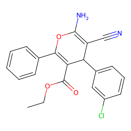 ethyl 6-amino-4-(3-chlorophenyl)-5-cyano-2-phenyl-4H-pyran-3-carboxylate structure