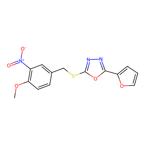 2-(Furan-2-yl)-5-[(4-methoxy-3-nitrobenzyl)sulfanyl]-1,3,4-oxadiazole structure