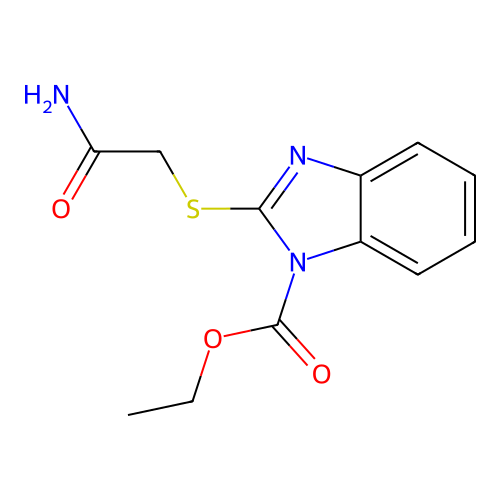 2-Carbamoylmethylsulfanyl-benzoimidazole-1-carboxylic acid ethyl ester structure