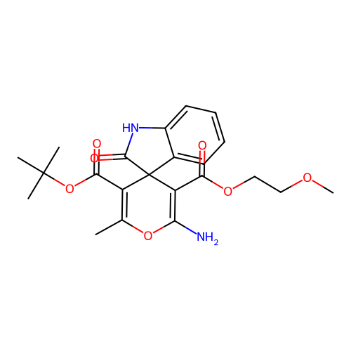 5'-tert-butyl 3'-(2-methoxyethyl) 2'-amino-6'-methyl-2-oxo-1,2-dihydrospiro[indole-3,4'-pyran]-3',5'-dicarboxylate structure