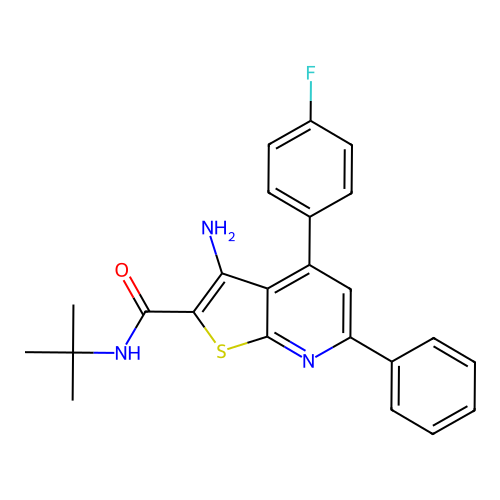 3-amino-N-tert-butyl-4-(4-fluorophenyl)-6-phenylthieno[2,3-b]pyridine-2-carboxamide structure