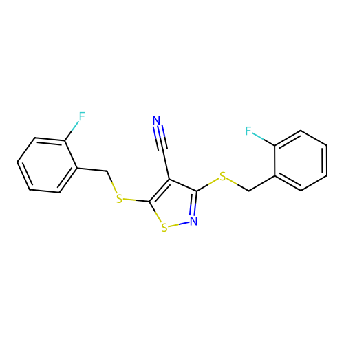 3,5-Bis[(2-fluorobenzyl)sulfanyl]-4-isothiazolecarbonitrile structure