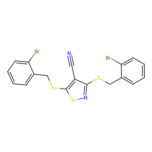 3,5-Bis[(2-bromobenzyl)sulfanyl]-1,2-thiazole-4-carbonitrile structure