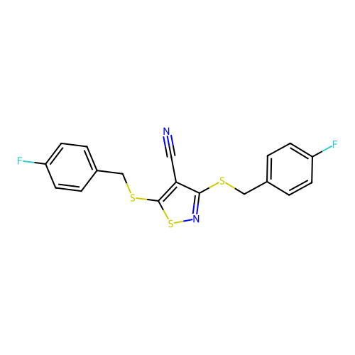 3,5-Bis((4-fluorobenzyl)thio)isothiazole-4-carbonitrile structure