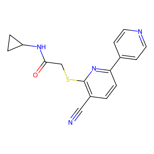 2-(3-cyano-6-(4-pyridyl)(2-pyridylthio))-N-cyclopropylacetamide structure