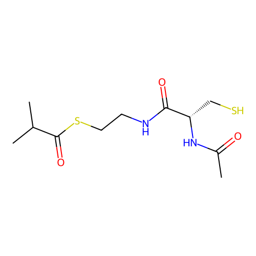 S-[2-[[(2R)-2-acetamido-3-sulfanyl-propanoyl]amino]ethyl] 2-methylpropanethioate structure