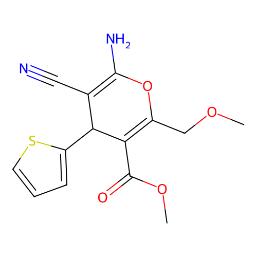 methyl 6-amino-5-cyano-2-(methoxymethyl)-4-(thiophen-2-yl)-4H-pyran-3-carboxylate structure