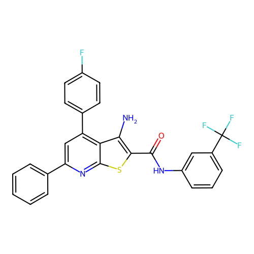 3-amino-4-(4-fluorophenyl)-6-phenyl-N-[3-(trifluoromethyl)phenyl]thieno[2,3-b]pyridine-2-carboxamide structure