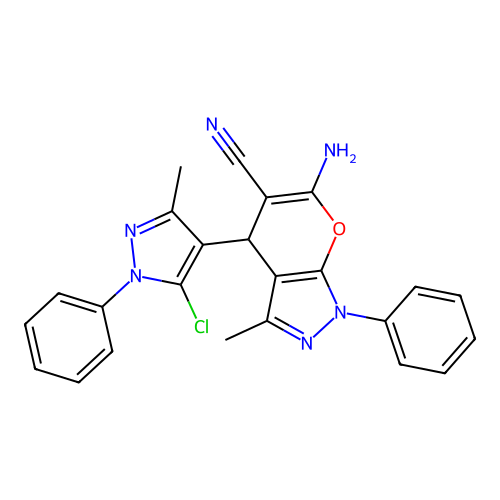 6-amino-4-(5-chloro-3-methyl-1-phenyl-1H-pyrazol-4-yl)-3-methyl-1-phenyl-1,4-dihydropyrano[2,3-c]pyrazole-5-carbonitrile structure