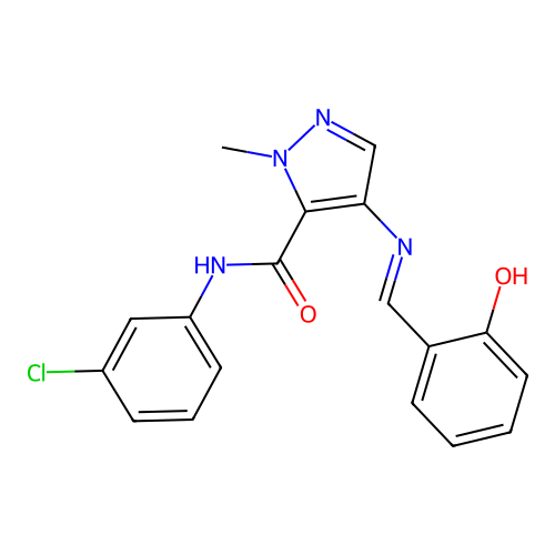 (E)-N-(3-chlorophenyl)-4-((2-hydroxybenzylidene)amino)-1-methyl-1H-pyrazole-5-carboxamide structure